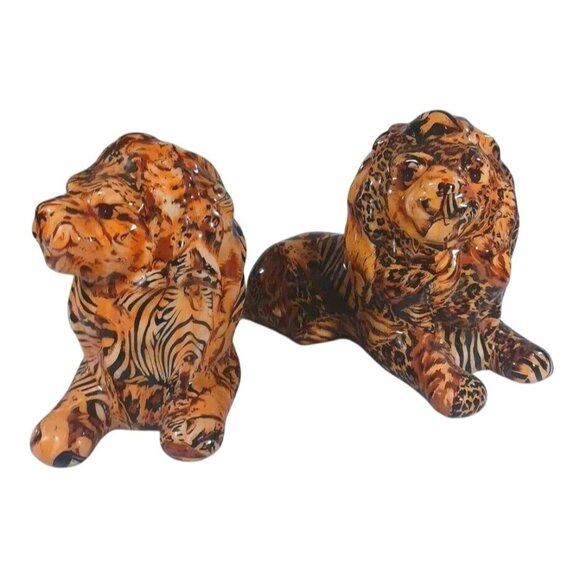 2 Lion Safari Figurine La Vie Patchwork Decoupage Home Decorative Lion King Pair - Picture 4 of 13